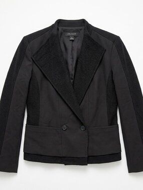 Ann Taylor 12 Black Asymmetric Double Breasted Boucle Knit Mixed Media Blazer